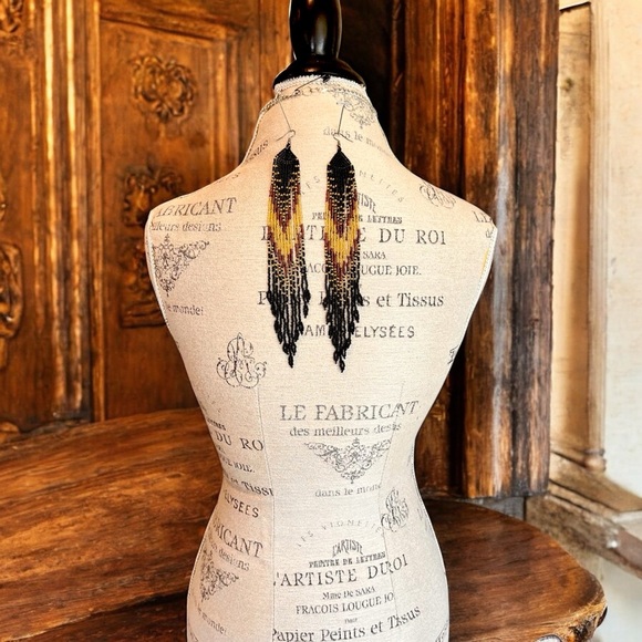 Sexy Dramatic Black and Gold Glass Beaded Fringe Earrings Handmade - Picture 7 of 16